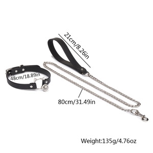 Detail showing dimensions of black leather cat collar with bell and metal leash chain