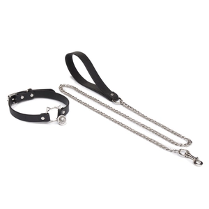 Black leather kitten bell collar with metal cat ear ring and matching leash set