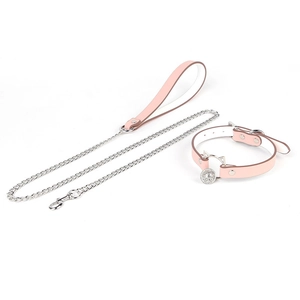 Pink leather collar with cat ear metal hardware and matching silver chain leash