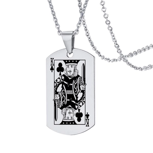 Collier classique en acier inoxydable argenté avec pendentif gravé Roi de Trèfle pour hommes