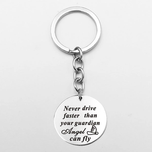 Inspirational silver stainless steel keychain with Guardian Angel quote and wings icon
