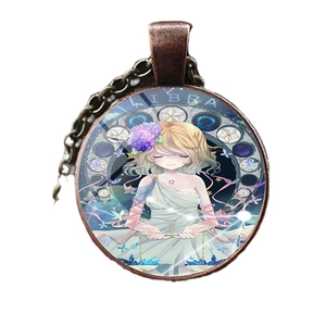 Vintage bronze Libra zodiac necklace with glass dome pendant featuring a Libra anime girl