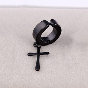 Punk matte black stainless steel clip-on earrings with hanging cross pendant for men