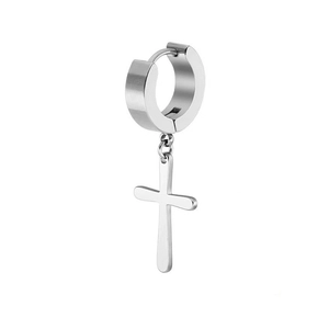 Macro view of polished stainless steel huggie earring with dangling cross pendant details
