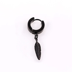 Punk black titanium steel hoop earrings with hanging feather pendant for men and women