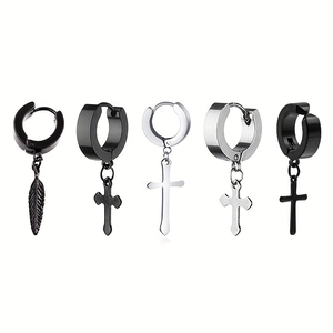 Punk Titanium Steel Cross Pendant Leaf Earrings For Men Women Stainless Steel Hoop Earring Gothic Hip Hop Jewelry Black Silver