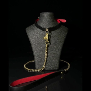 Personalized Leather Choker With Bell Golden Metal Chain Handle Adjustable Adult Neck Collar Black Red Color For Cosplay Costume Party