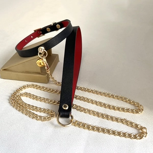 Black and red leather collar with a gold bell and matching metal chain leash