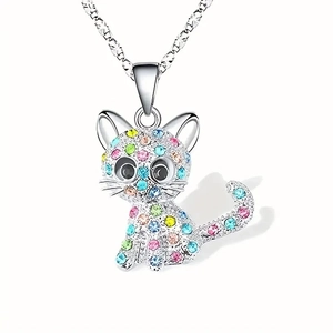 Cute silver cat pendant necklace with colorful rhinestones on a delicate chain