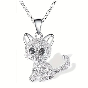 Cute silver cat pendant necklace with sparkling white zircons and black gemstone eyes