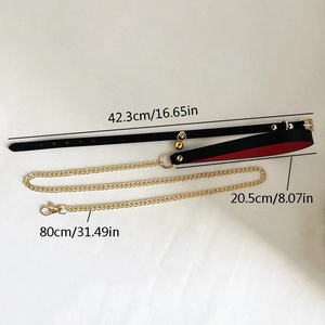 Black and red leather collar with gold bell and 80cm metal leash chain set