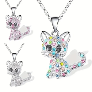 Cute Cartoon Cat Rhinestone Alloy Necklace Earrings Jewelry Set For Women Multi Color Pink White Animal Pendant Jewelry
