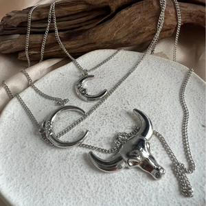 Vintage bohemian layered necklace set with silver bull skull and moon pendants