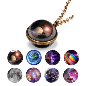 Vintage Galaxy Universe Double Sided Glass Ball Pendant Necklace Alloy Bronze Chain Starry Sky Planet Jewelry For Women