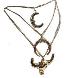 Vintage bohemian triple layer gold necklace with moon crescent and bull skull pendants
