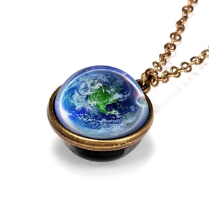 Vintage bronze Earth galaxy pendant necklace with double-sided glass dome universe design