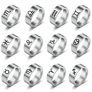 Stainless Steel Zodiac Ring For Men Women Twelve Constellations Symbols 8mm Wide Polished Band Fashion Jewelry Gift