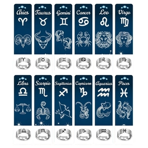 Collection of 12 zodiac signs stainless steel rings with engraved symbols on starry cards