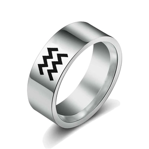 Polished stainless steel ring with Aquarius zodiac symbol on white background