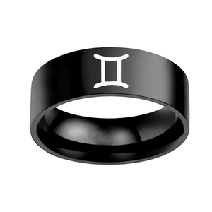 Matte black stainless steel ring featuring white Gemini zodiac symbol for men and women