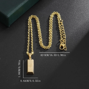Minimalist gold bar pendant necklace with Fine Gold engraving on a steel link chain