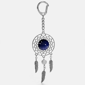 Vintage Alloy Dreamcatcher Keychain Zodiac Constellation Glass Gem Starry Sky Feather Leaf Pendant Key Ring Accessory Jewelry