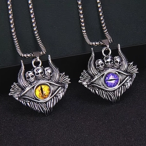 Gothic Stainless Steel Evil Eye Skull Pendant Necklace For Men Punk Retro Demon Eye Ghost Head Chain Jewelry Gift