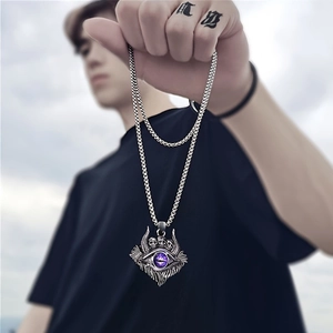 Gothic skull necklace for men with purple evil eye pendant in vintage silver finish