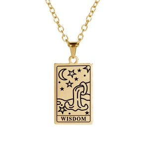 Golden tarot wisdom pendant necklace featuring sun and moon design on stainless steel chain