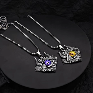 Retro punk gothic devil eye skull pendant necklace with silver link chain for men