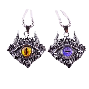 Retro gothic skull devil eye pendant necklace for men in vintage silver finish