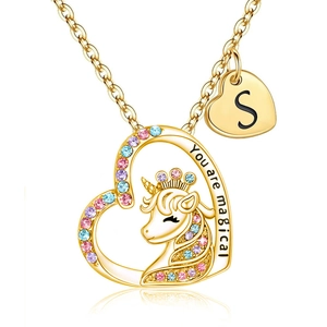 Adjustable golden unicorn heart necklace with letter S and You are magical engraving