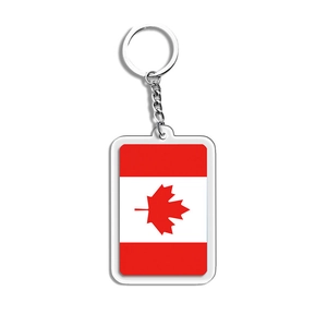 Rectangular acrylic keychain featuring the Canadian flag design with a sturdy metal ring