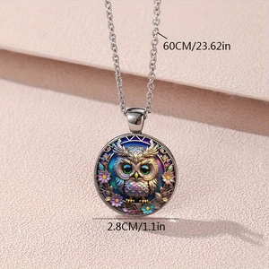 Silver owl glass pendant necklace with 2.8cm diameter and 60cm silver chain length