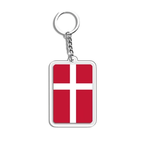 Detail of acrylic keychain with Denmark flag design and metal ring attachment