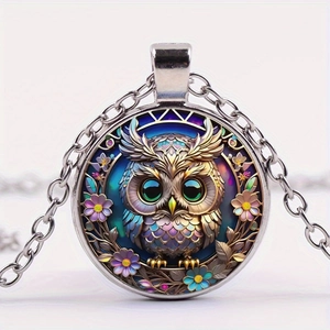 Silver glass cabochon owl necklace with colorful cartoon feathers and cross chain