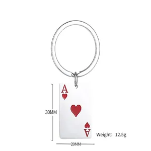 Creative Ace of Hearts playing card keychain pendant in polished silver metal