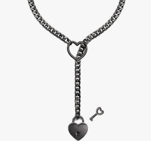 Gothic punk black metal Cuban chain necklace with heart lock and key pendant charms