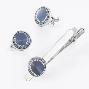 Men Stainless Steel Cufflinks And Tie Clip Blue Round Laurel Wreath Pattern Formal Business Wedding Fashion Jewelry Accessory