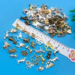 Makro-Detail von sortierten Vintage-Legierung Hundeanhängern mit Messskala für DIY-Schmuck