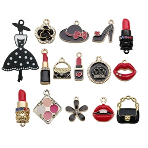 French style 14-piece enamel jewelry charms set with lipstick and handbag designs