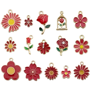 Lot de 15 pendentifs fleurs en émail rouge avec roses et cerisiers pour création de bijoux DIY