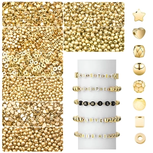 Set of golden DIY spacer beads in star heart and round shapes for jewelry making