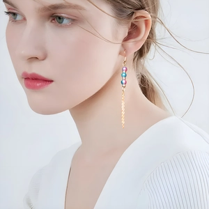 Close-up of elegant gradient bead tassel earrings worn by a model against white background