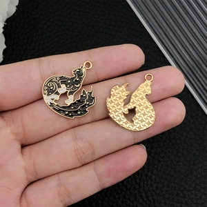 Gothic black and white enamel cat pendant with gold plating for DIY jewelry making