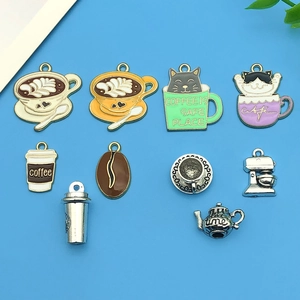 Detailed set of retro enamel coffee cups and cat teapot alloy charms for DIY jewelry making