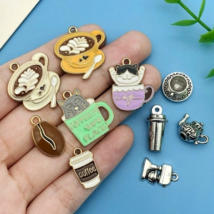 Vintage enamel coffee cup and cat charms for DIY jewelry making in various colors