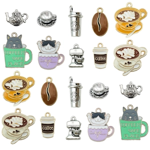 Set of 20 vintage coffee and cat enamel charms for DIY keychains and jewelry making
