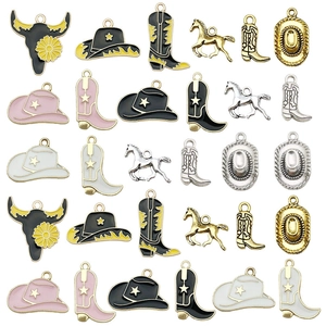 Pink and black Western cowboy boot, hat, and bull head enamel charms for DIY jewelry making