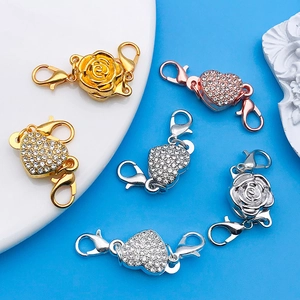 Magnetic lobster clasps with heart and rose designs in gold silver and rose gold finishes